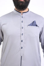 Load image into Gallery viewer, Mens grey suit (Shalwar Kameez) with navy pipping
